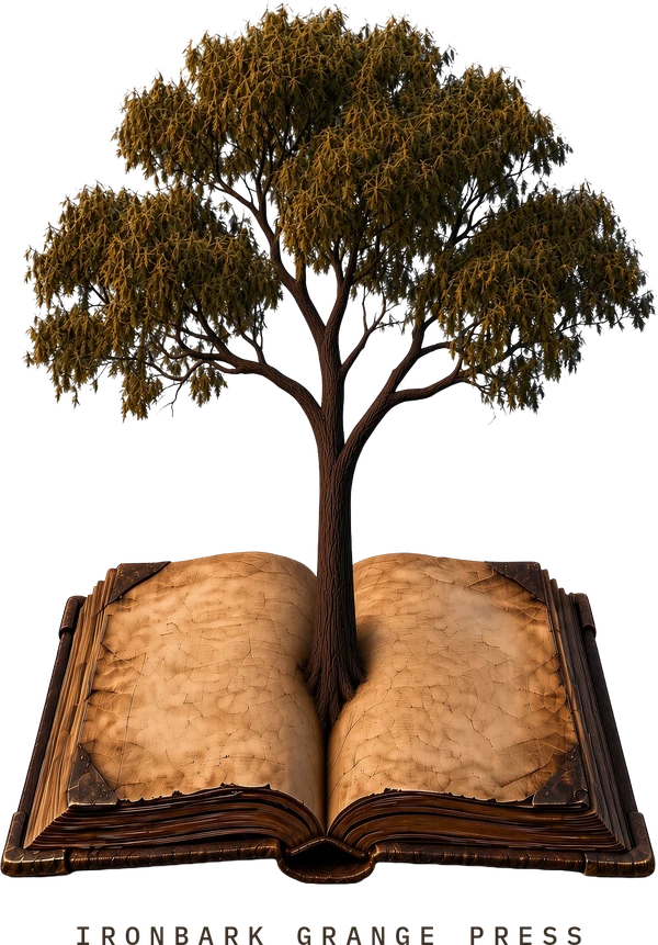 Ironbark Grange Press: a grey ironbark growing from an open book, above the press name